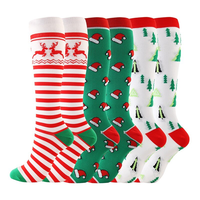 Compression Socks Knee High/Long Christmas Cap Tree Deer Striped Printed Polyester Nylon Hosiery Footwear Accessories