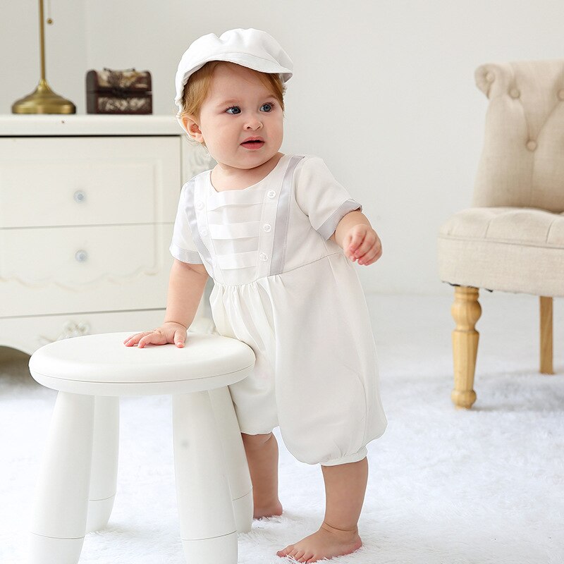 Baby Boys Christening Outfits For Birthday Party Romper + Hat Formal Gentleman Suits Baptism Boy Church Clothes