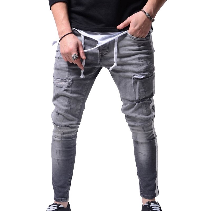 Pantalones pitillo rasgados para Hombre, pantalones vaqueros ajustados con rayas laterales para motociclista, pantalones vaqueros rasgados con agujeros estilo Hip Hop para Hombre: Gray / XXL