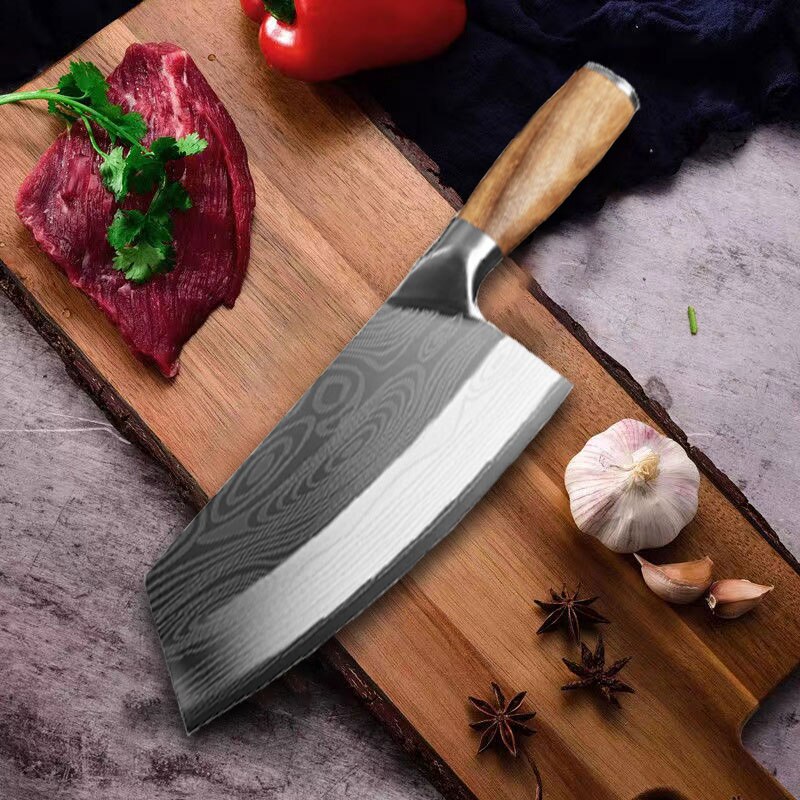 Cuchillo de carnicero de acero inoxidable, utensilio de Chef chino de Damasco, con mango de madera, 7,5 pulgadas