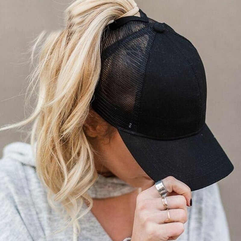 Paardenstaart Baseball Cap Zomer Vrouwen Verstelbare Zwarte Hoed Rommelig Cap Casual Katoen Meisje Snapback Mesh Cap: black