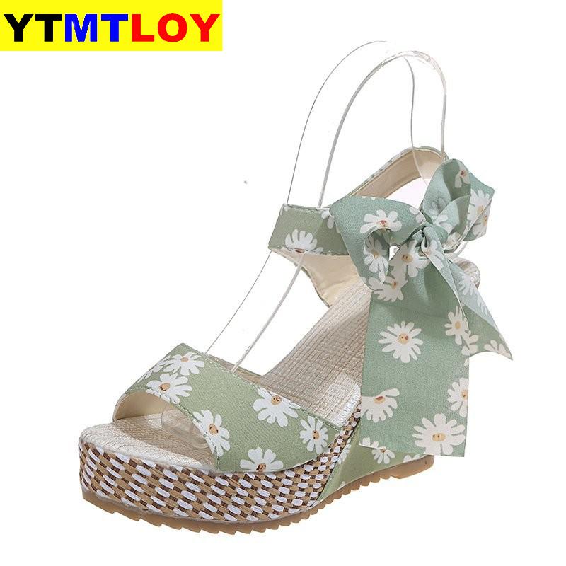 Chaussures d'été pour femmes, plate-forme à nœud papillon Floral, talons hauts, sangle de cheville bohème, chaussures à bout ouvert