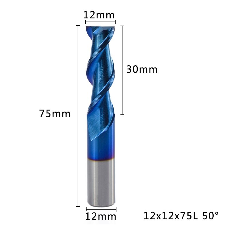 XCAN 1pc 1-12mm Nano bleu revêtement 2 flûte fraise en bout plat 50 degrés carbure fraise en bout CNC routeur fraise en bout: 12x12x75L