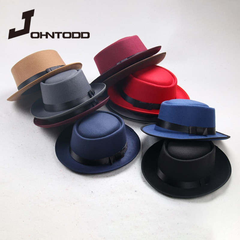 Padre usa lana de imitación simple para hombre, Caballero Negro plana de sombrero de copa, sombrero cóncavo de cabeza superior, sombrero de jazz, sombrero de cubo, gorra de mujer