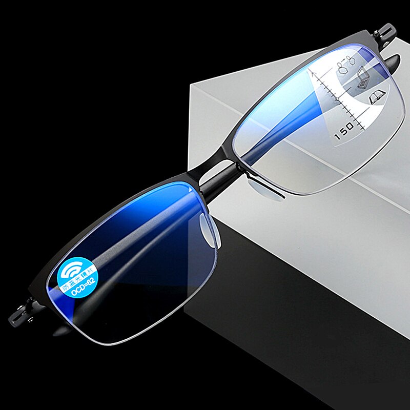 Tr90 ultraligero progresiva gafas de lectura multifocales hombres mujeres Anti azul Ray gafas de presbicia media montura de titanio de aleación de: +350