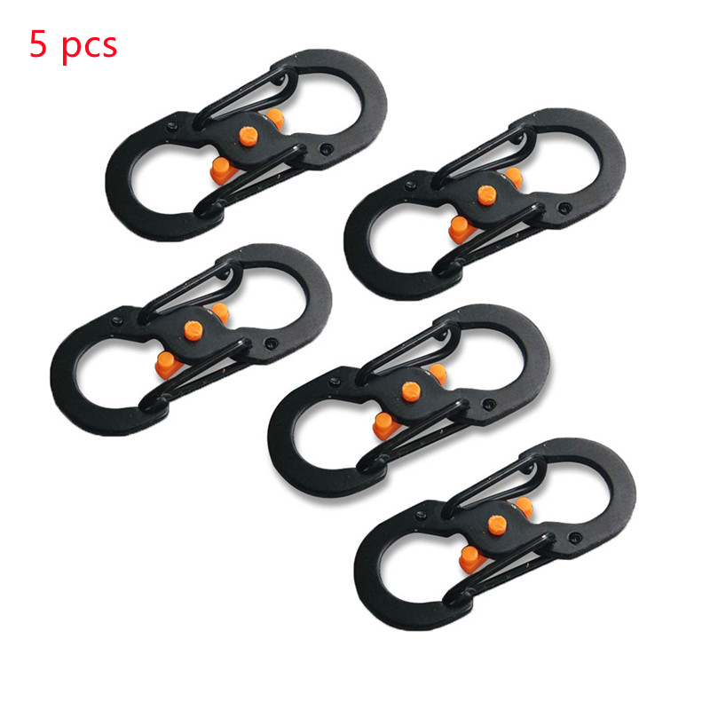 Mosquetón de acero inoxidable tipo S con cerradura, Mini llavero con gancho antirrobo, mochila de Camping al aire libre, hebilla, Herramienta de bloqueo con llave: 5Pcs  Black