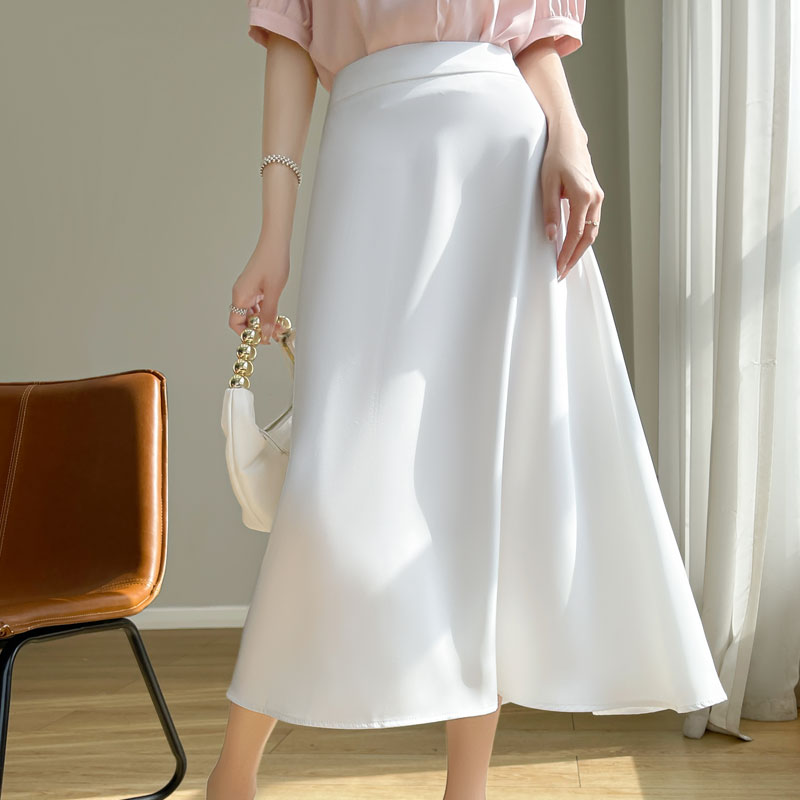 Acetic Satin High Sense Skirt Women's A-Shaped Mid-Length Skirt In Spring And Summer High Waist And Slim Umbrella Skirt: L / WHITE