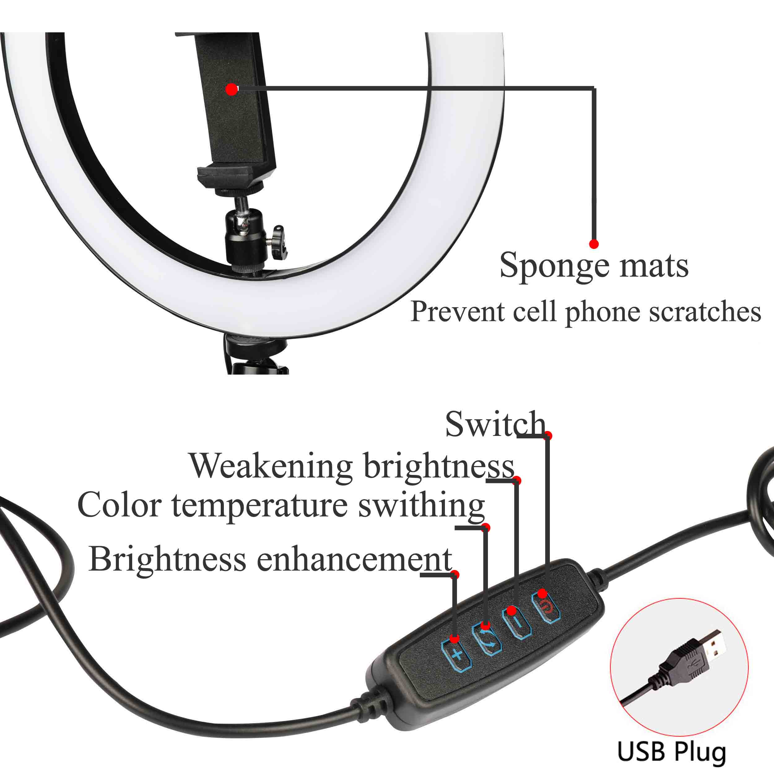 10 pouces 26cm USB LED lumière Selfie anneau lampe avec trépied support de téléphone pour iPhone 11 Pro Max maquillage photographie vidéo