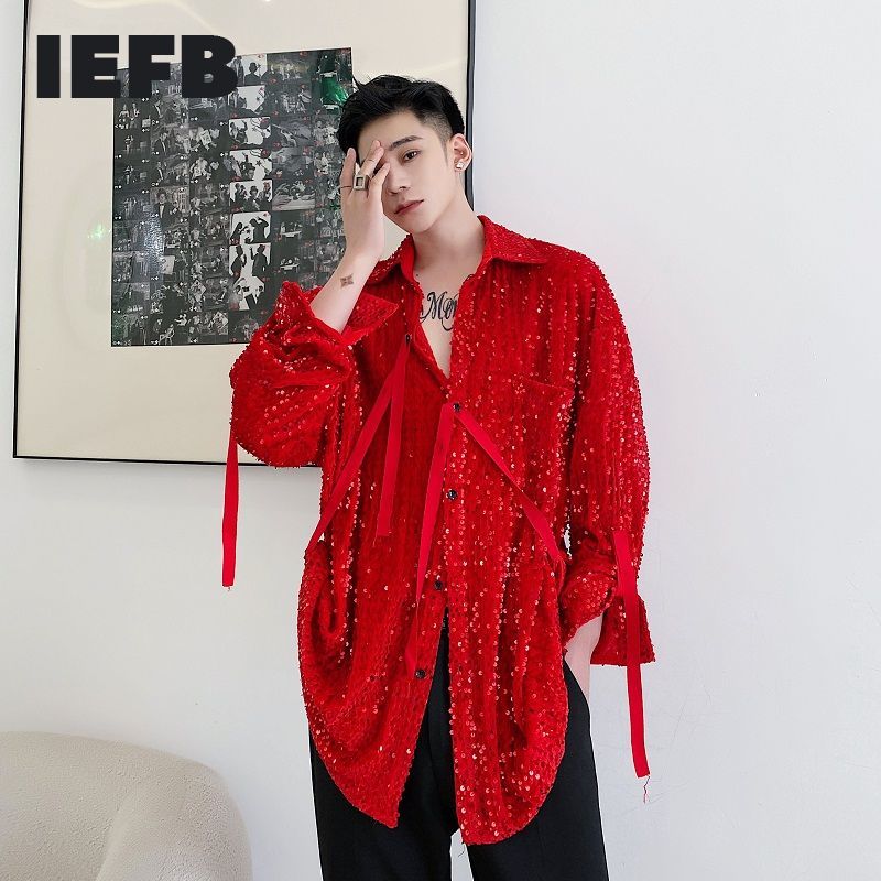 IEFB-Camiseta con lentejuelas de terciopelo para hombre, camisa de con cordones de gran tamaño, color negro y rojo, tops de otoño, 9Y4068