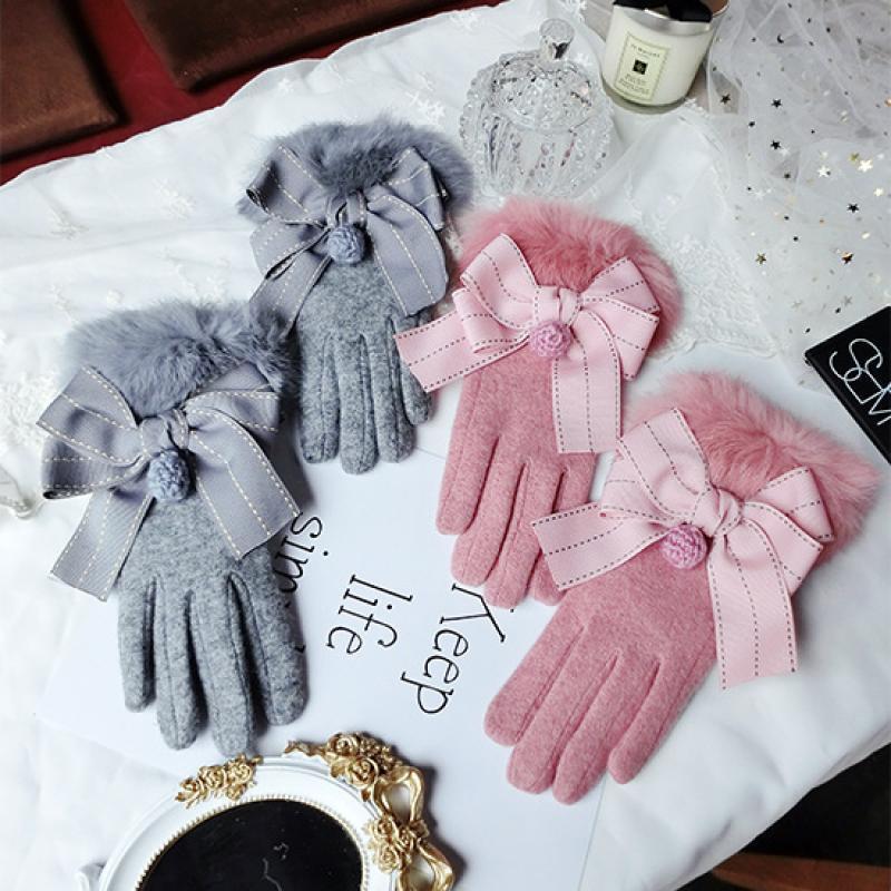 Cashmere Gloves Wool Piece Jump Point Bowknot Hair Ball Gloves Korean Touch Screen Five-Finger Warm Gloves