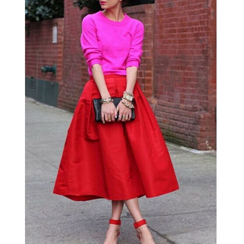 Retro plisado Midi falda de cintura alta Saia Puff Atacado oupas Femininas faldas de verano Mujer Vestidos