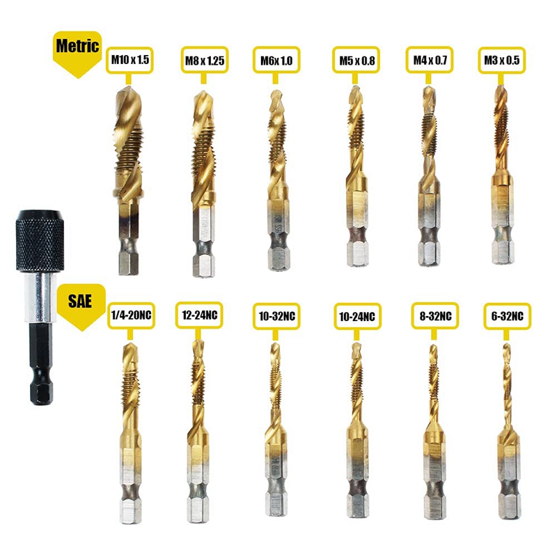 ! Titanium Combination Drill Tap Bit Set 13PCS SAE And Metric Tap Bits Kit For Screw Thread Drilling Tapping Deburring