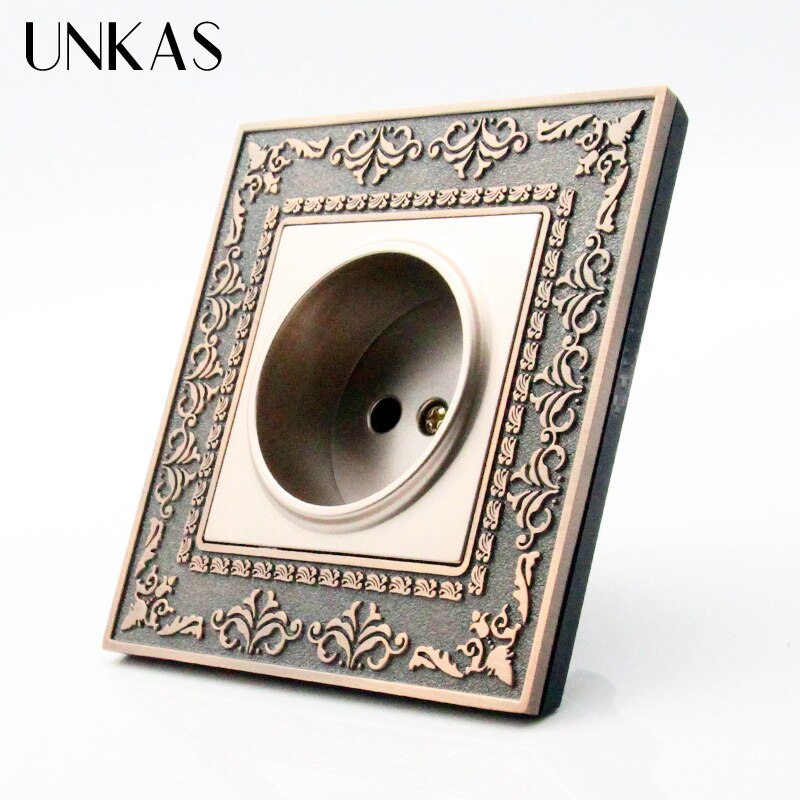 UNKAS Manufacturer EU Standard Electric Plug Power Socket Gold Panel 80g Copper Core Wall Outlet