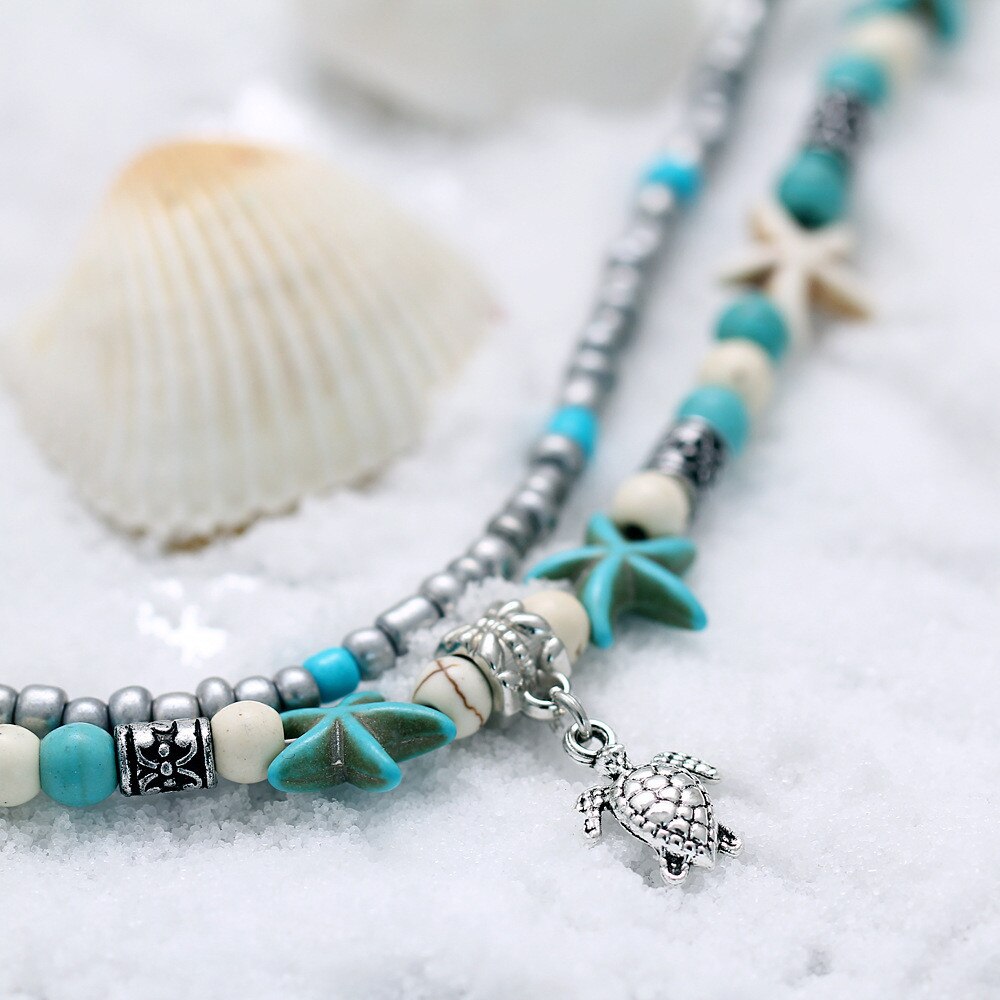 Bohemian Beaded starfish stone Anklet Bohemian women's silver chain bracelet leg beach ankle jewelry women's