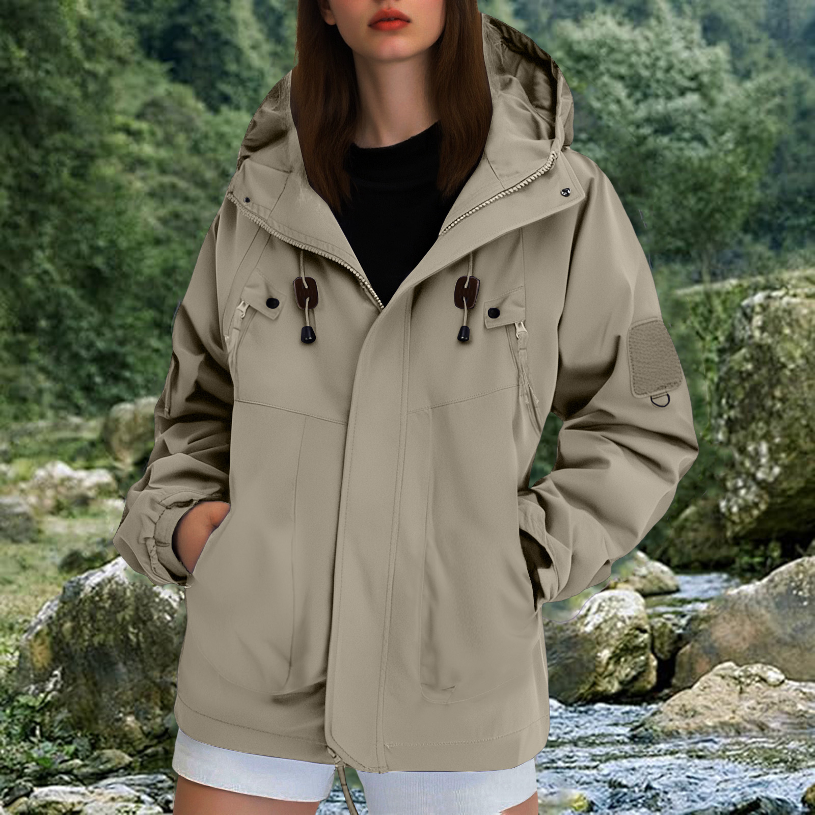 Autumn Hooded Jacket Women Outdoor Windbreaker Casual Waterproof Hiking Jacket Rain Coat Female Tops Outerwear: M / Khaki