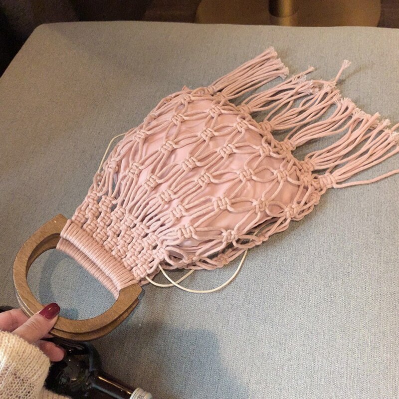 Vevd veske tre bærbar hule bomull tau dusk strand veske ferie nett veske strikket veske rosa
