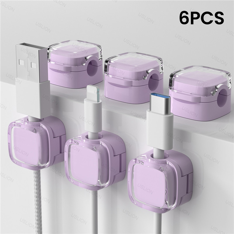 Kleurrijke 6-delige magnetische kabelclips Kabel Gladde verstelbare snoerhouder onder bureau Kabelbeheer Draadhouder Kabels Organizer: Paars