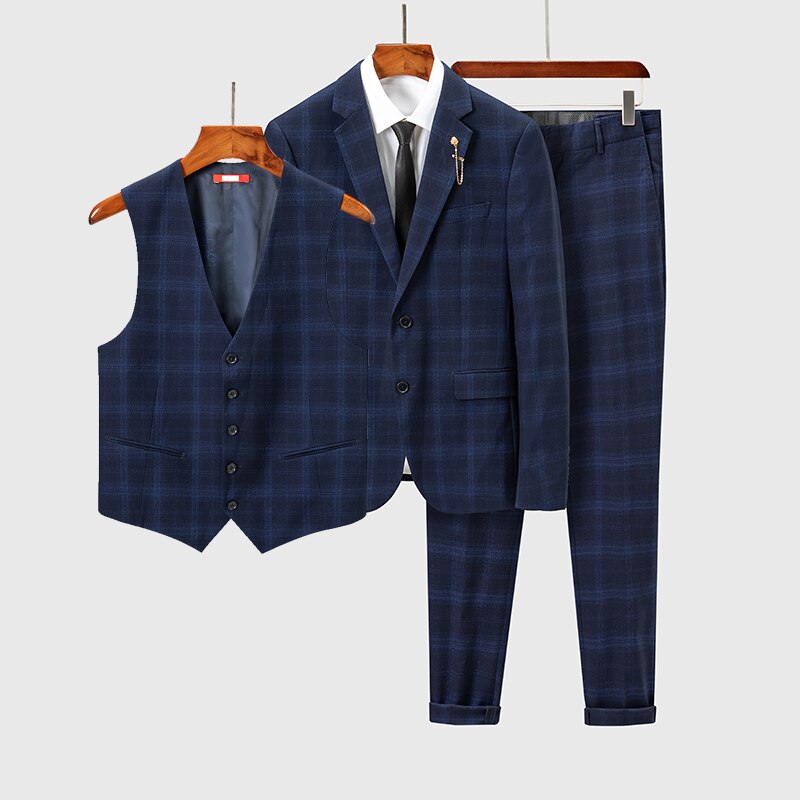 Navy Blue Slim Fit Plaid Suit Men Notch Lapel Business Formal Dress Suits For Men Terno Masculino Su