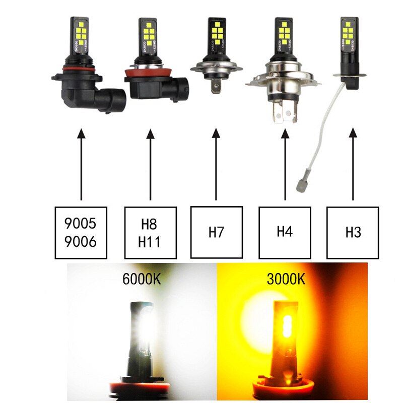 2 st bil  h16 h11 h8 led dimljus  h1 h4 h7 hb4 9005 h16 glödlampa  h3 h27 12 smd 3030 3000k gula 6000k vita auto led ljus  dc 12v