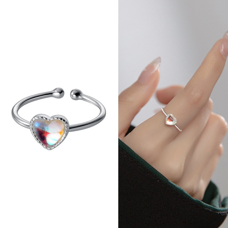 Inzatt echter 925 sterling silber gradient glas herz verstellbarer ring für damen süßer feiner schmuck minimalistisches accessoire