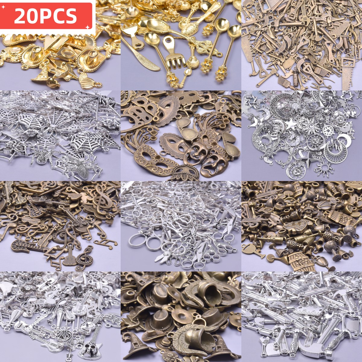 Mélange de breloques vintage pour bijoux, style, soleil, lune, chapeau, masque, notes de musique, ciseaux, araignée, outils de réparation, couverts, pendentif, bricolage, exécutif