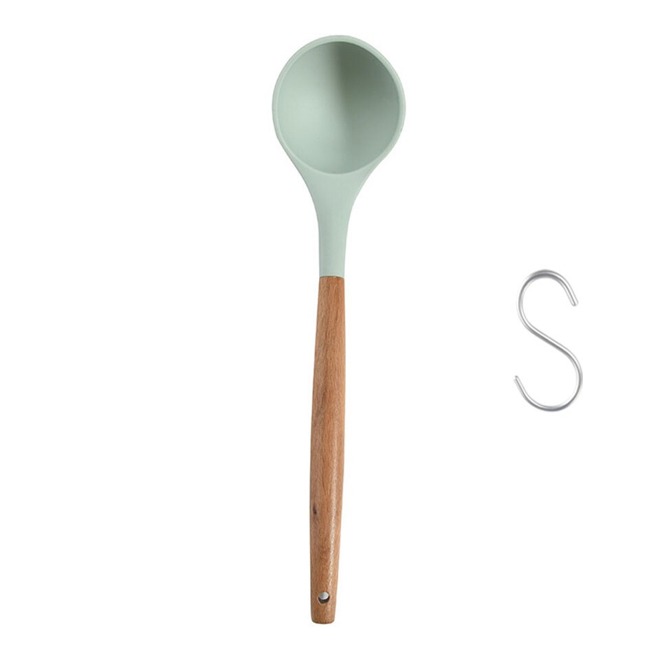 Silicone Kitchen Soup Spoon Cooking Spoons Wood Handle Spoon Kitchen Accessori: Green 2