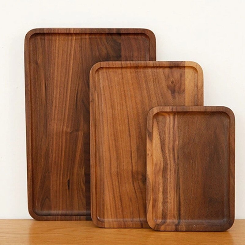 Rectangle Japanese Black Walnut Wooden Bread Fruit Dishes Saucer Tea Dessert Dinner Tray Pan Plates