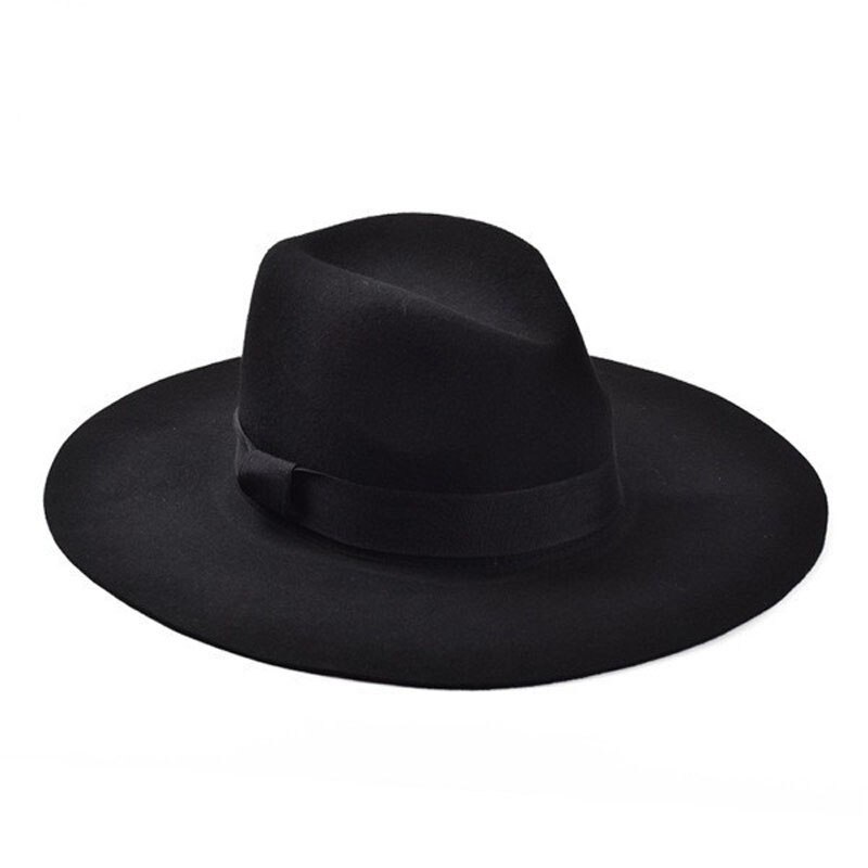 Classic 100% Wool Fedora Hat large Brim Ribbon Hats for women Men Floppy Top Hat