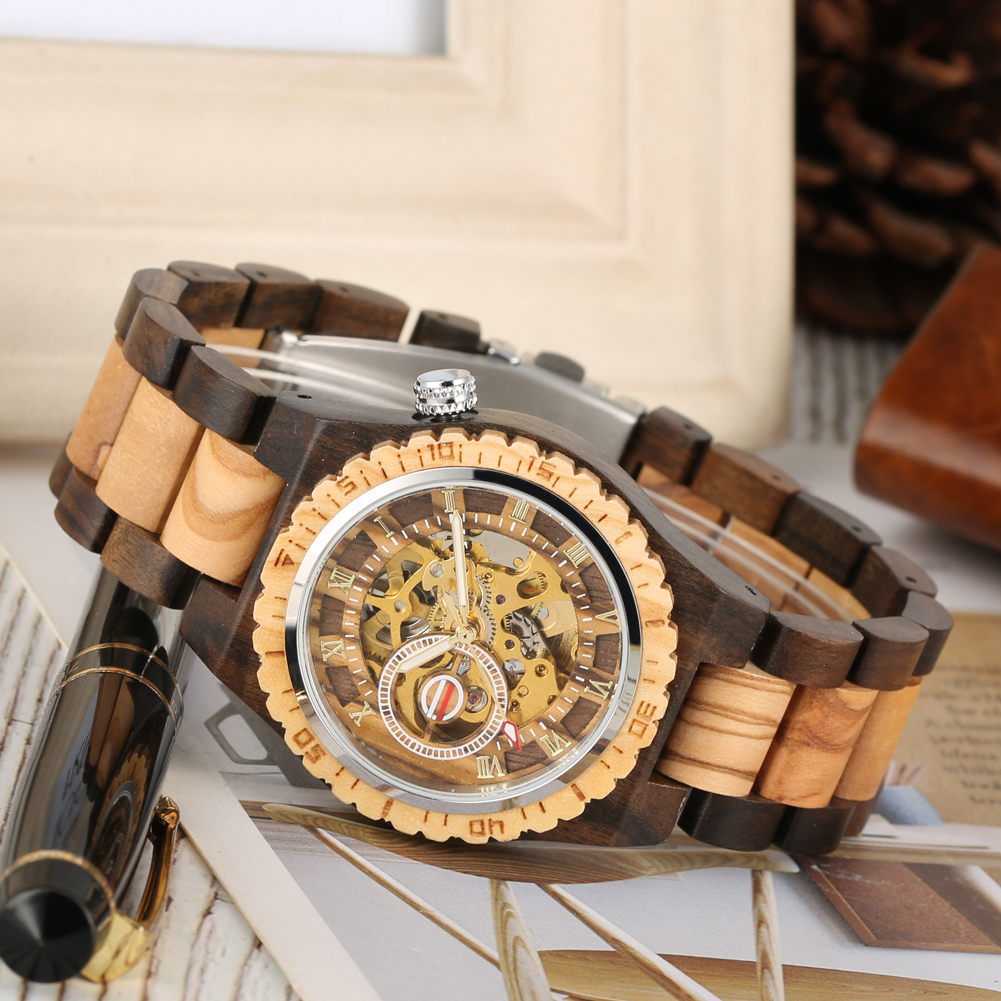 Classic Automatische Mechanische Houten Horloge voor Vrouwelijke MaleWooden Horloges Speciale Grote Ronde Wijzerplaat Houten Horloge