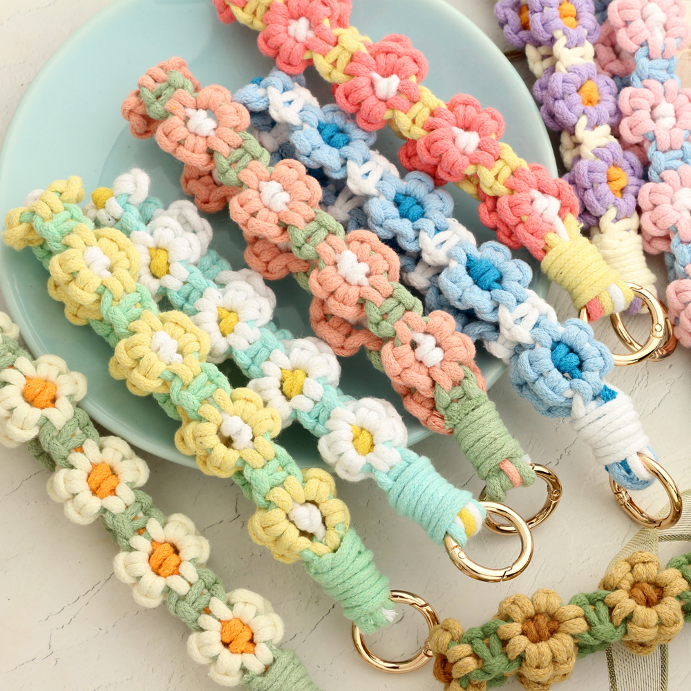 Polsbandje Sleutelhanger Voor Vrouwen Meisje Bohemian Handgemaakt Klein Madeliefje Sleutelhanger Veerspiraal Gevlochten Polsband Sleutelhanger