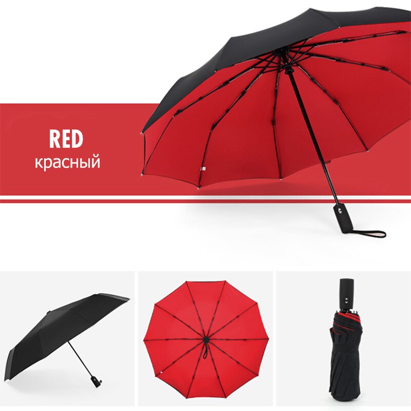 Strong Wind Resistant Double Fully-automatic Umbrella Folding 10K Large Fiberglass Parasol Rain For Women Men Business Umbrellas: Red