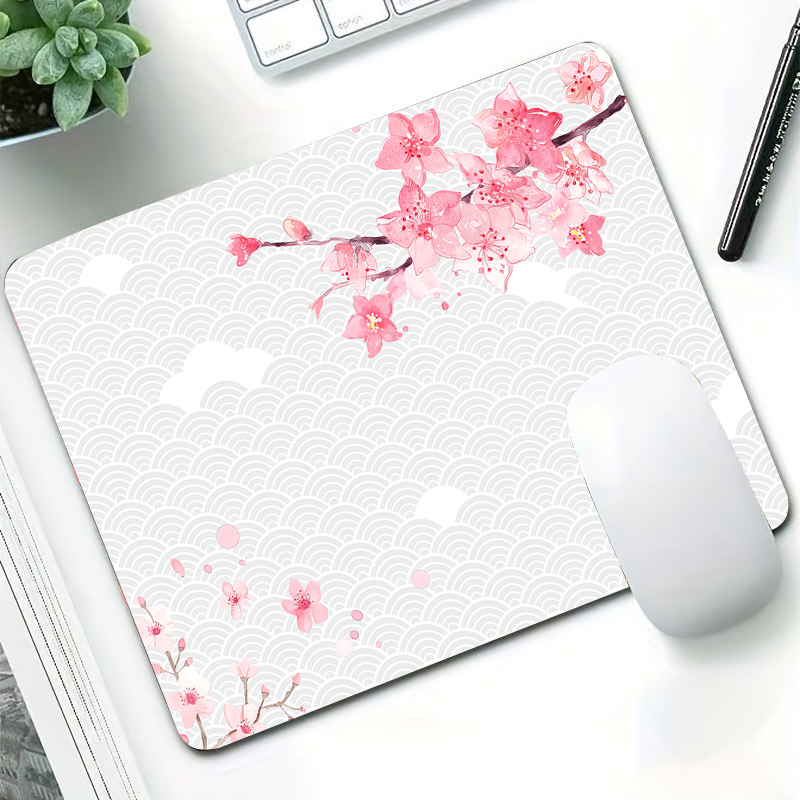 Tapis de souris Sakura rose, petits tapis de souris de jeu antidérapant, 22x18cm, Base en caoutchouc, tapis de bureau d'entreprise, pour tapis mignons: XXS / Blanc beige