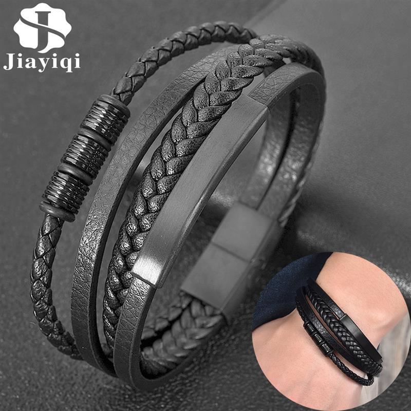 Black Multilayer Lederen Armband Voor Mannen Bruiloft Sieraden Armbanden Trendy Hiphop Rvs Magnetische Sluiting Bangle