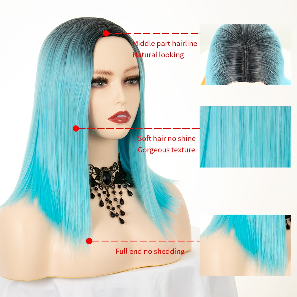 Ombre Straight Blue Wig Middle Part Short Bob Synthetic Hair 14&quot; Shoulder Length With Dark Roots Cosplay Costume Wigs For Women