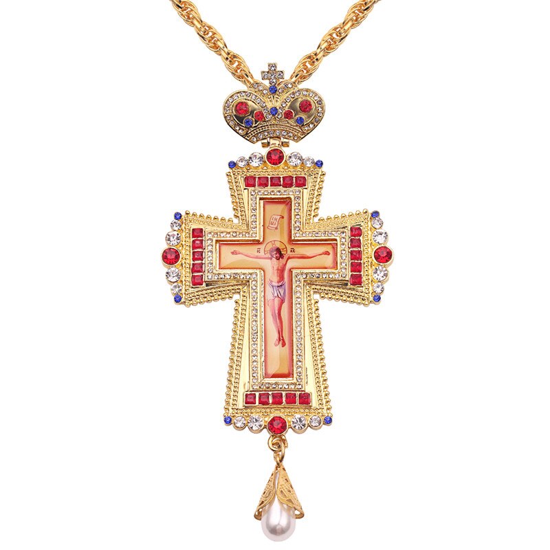 Gold Pectoral Cross russian greece crucifix religious necklace icon Byzantine Art and Orthodox Tradition holy cross priests: XL1999
