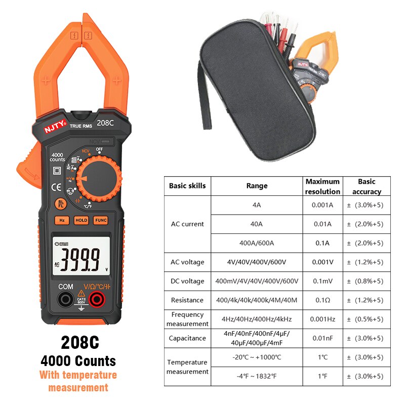 Digital Multimeter Clamp Meter 4000/6000 Counts Auto Range True RMS Amp DC/AC Current Clamp Tester With Temperature Test: 208C