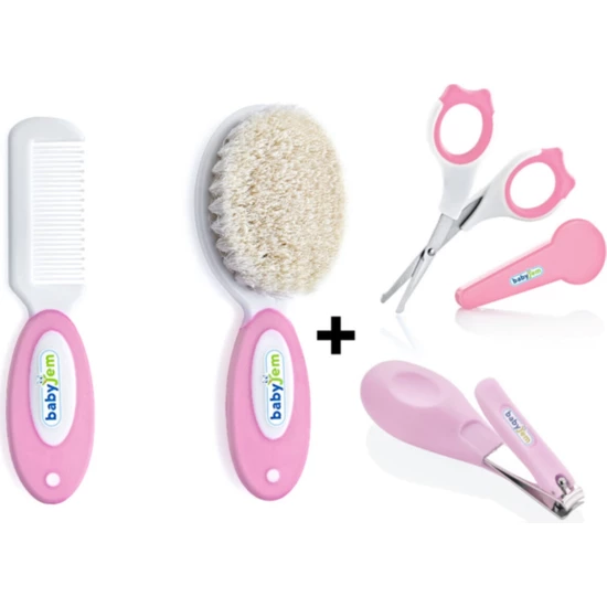 Baby Jem 3&#39;lü Baby Care Set Borstel Kam + Studs Schaar + Schaar Met Schede: Roze
