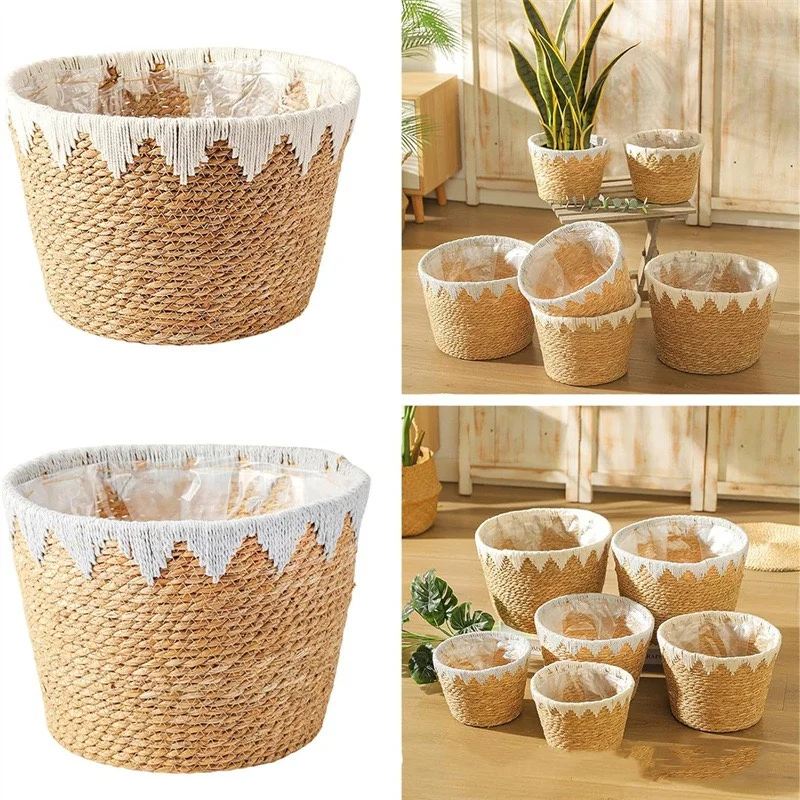 Macetero Natural, cesta de mimbre, maceta, cesta de plantas de paja de ratán para el hogar, organizador de jardín, decoración de 22/25/32cm