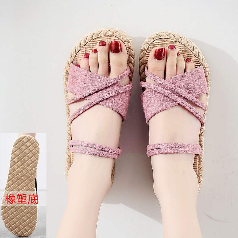 Sandalias planas ligeras para mujer, de color liso, sencillas y para exteriores, zapatos de playa para mujer, chanclas de color caramelo para niña: Rosa / 5.5