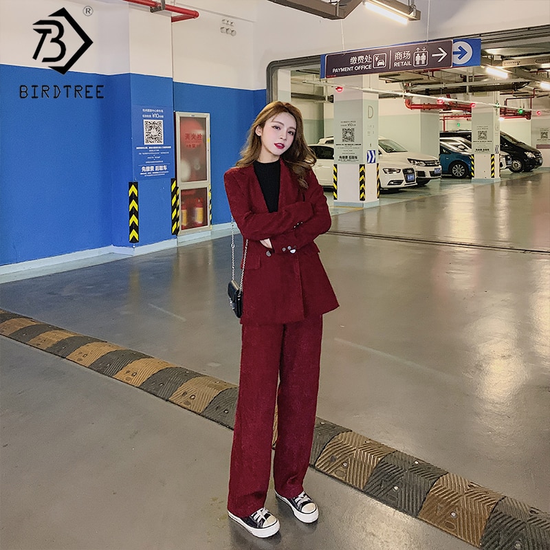 hiver femmes Chic Blazer costumes velours côtelé deux pièces ensemble Vintage cranté double boutonnage manteau et pantalon Long S9N702K