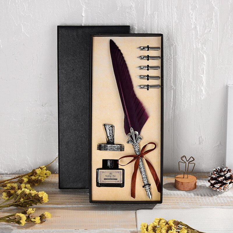 Vintage Antique Feather Dip Pen Metal Nibbed Ink Writing Quill Pen Retro Scrapbooking Feather Pen Set Birthday: 15