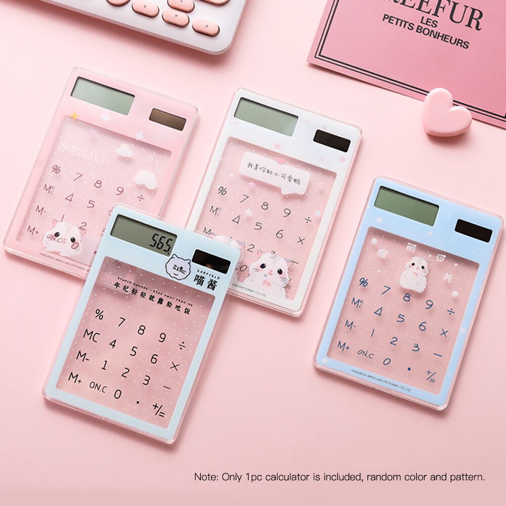 1pc Mini Calculator Cute Cartoon Ultra-thin Transparent Solar Energy Calculator Portable for Children School Office Supplies
