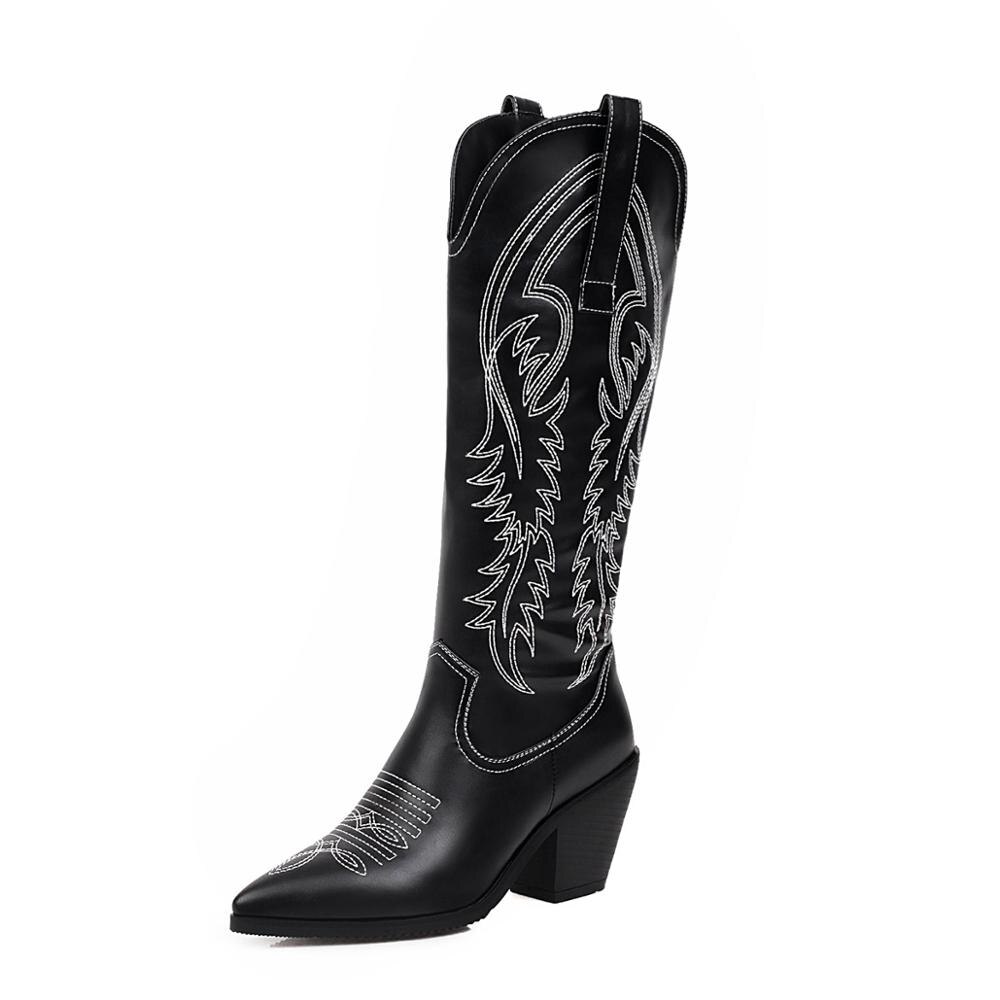 Retro kvinnor knähöga stövlar läder ridstövlar medeltida western cowgirl boot höst vinter spetsig tå kvinna kosacker stövlar: Svart / 5.5