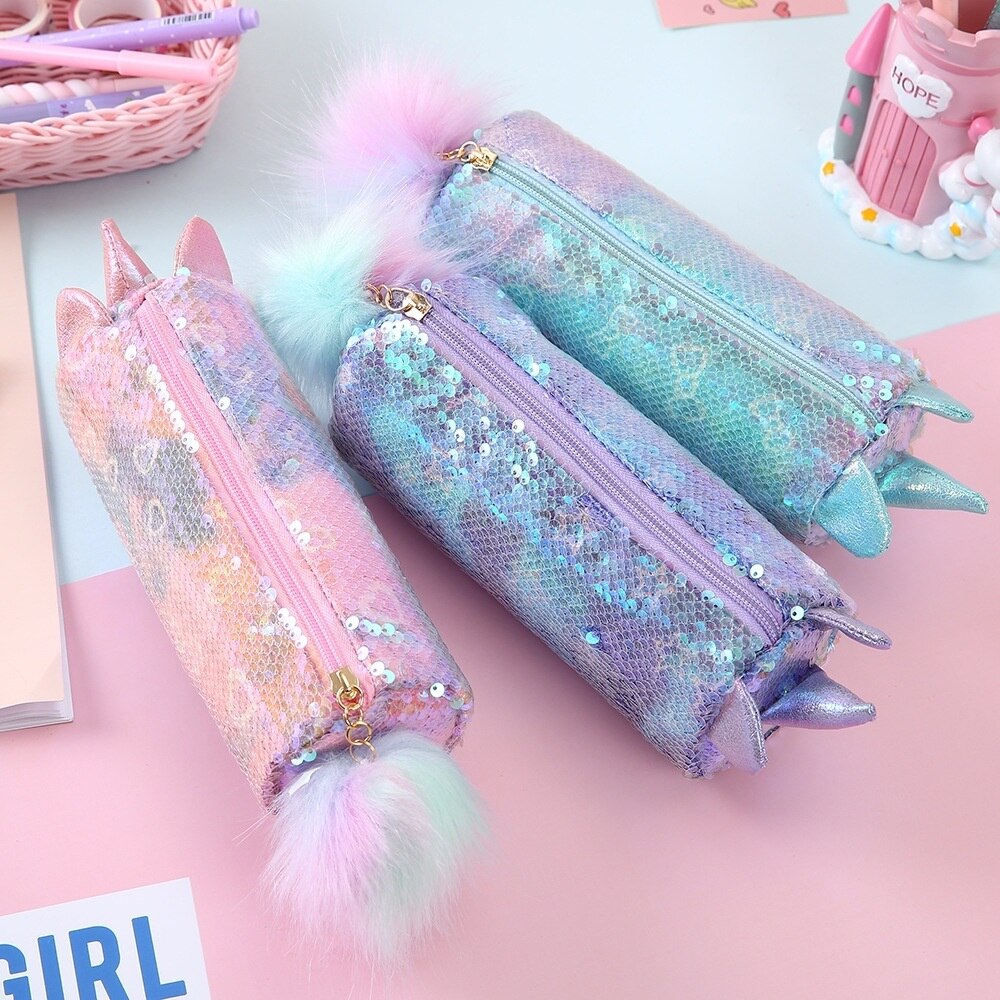 Reversible Sequin Cute Unicorn Pencil Case for Girls; Bling Bling Glitter Pink Stationery Bag ; Pensel Beg Alat Tulis