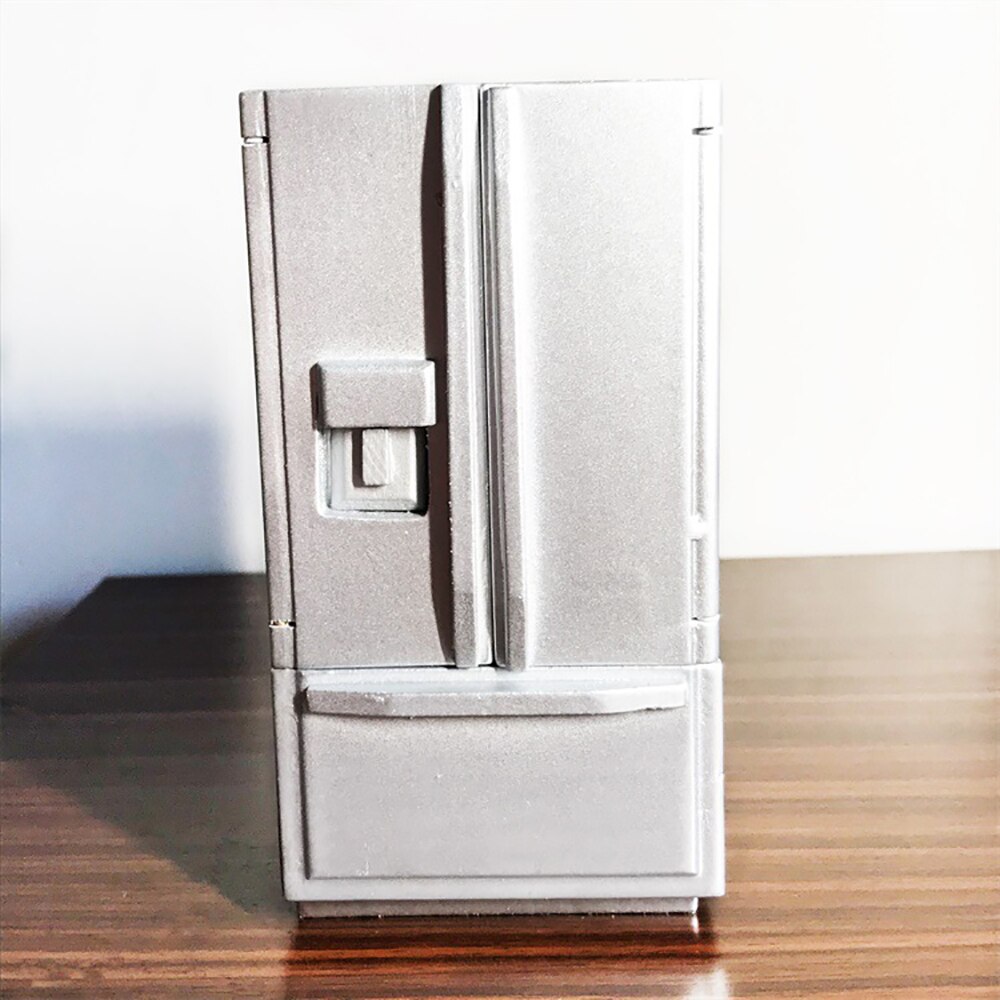 1/12 dukkehus miniature tilbehør mini træ dobbeltdør køleskab simulering køleskab model legetøj til dukkehus dekoration: Sølv