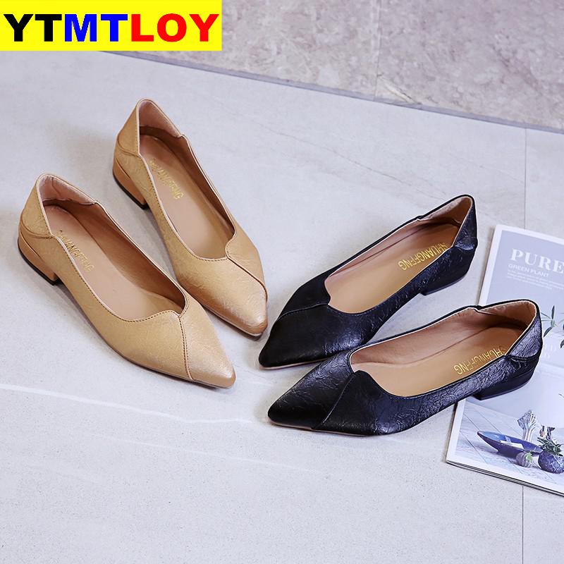 Square Heels Pointed Toe Pumps Shoes Women Spring Leather Med Heels V Mouth Casual Office Lady Shoes Low Summer Leisure
