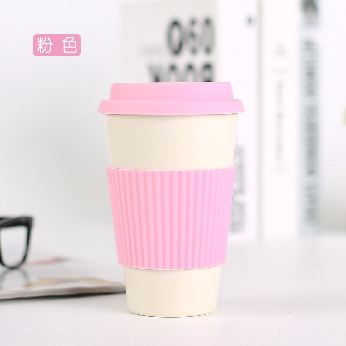 12OZ Eco-friendly Bamboo Fiber coffee Cup mugs coffee tumbler water bottle with cup cover: pink