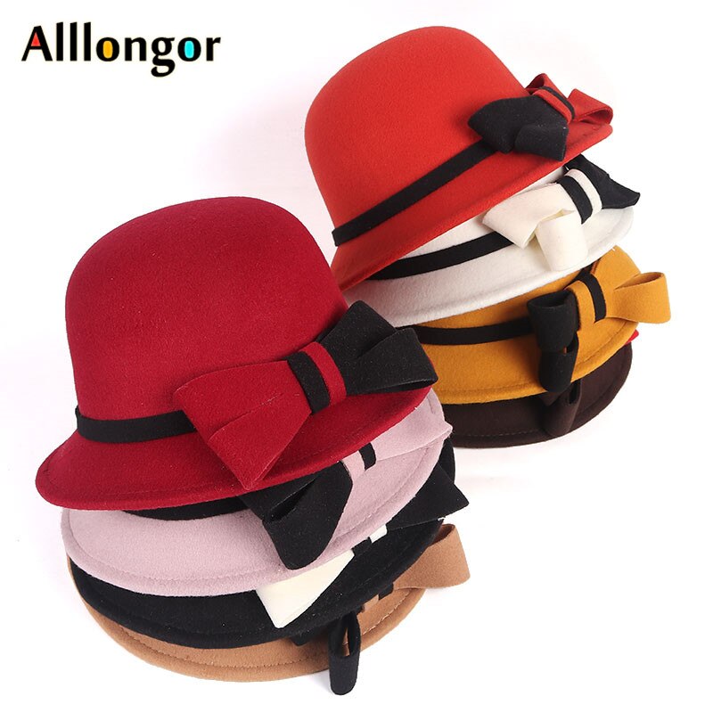 Wool Fedora Hat Women Winter Vintage Felt Hats ladies Bowknot Bucket Cap Black White dome Top Church bowler Hat