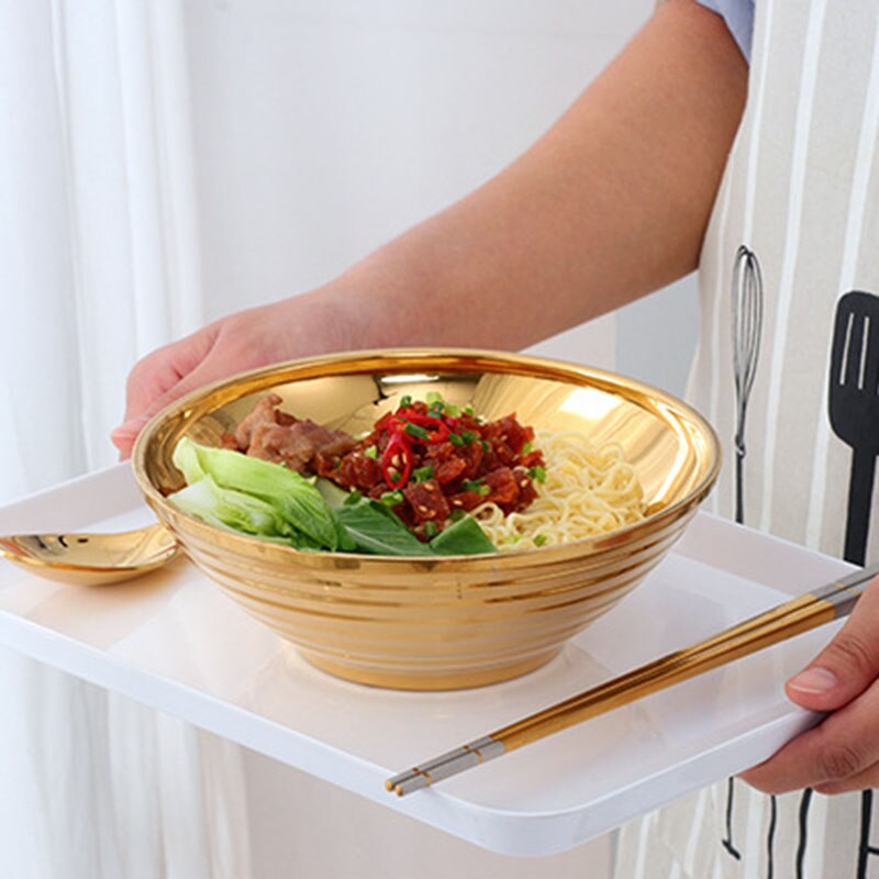Rund nudel mad skål dobbelt lag anti-skoldning service til pot sauce suppe ris stor ramen skål skål i rustfrit stål
