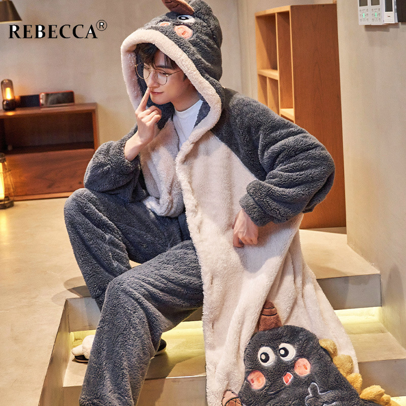 Mannelijke Herfst Winter Thuis Badjas Set Mannen Verdikte Lange Sectie Coral Fleece Pyjama Warme Avond Slapen Gewaad